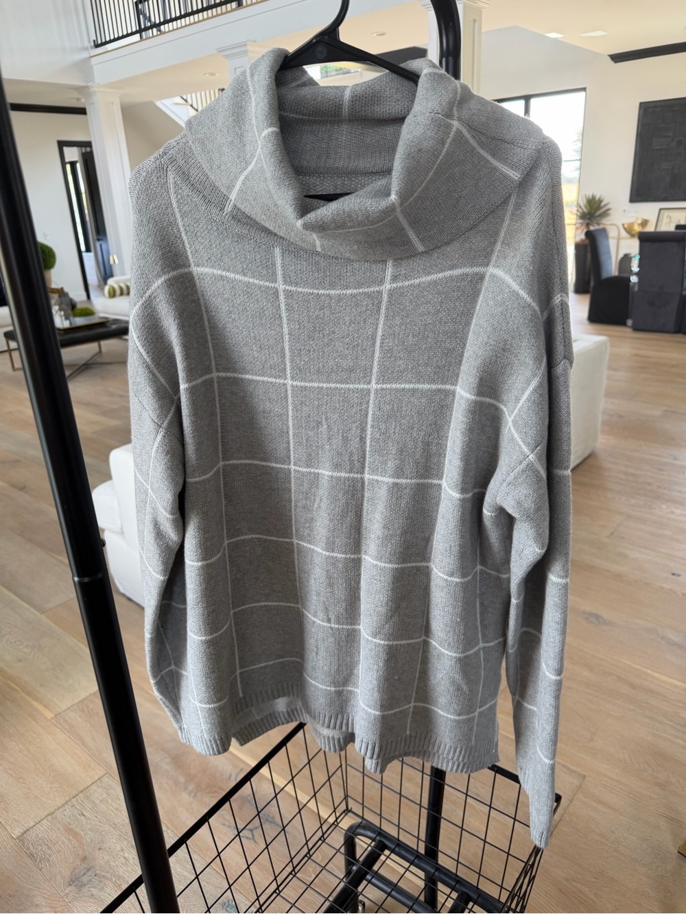 Cozy Gray Windowpane Cowl-Neck Sweater